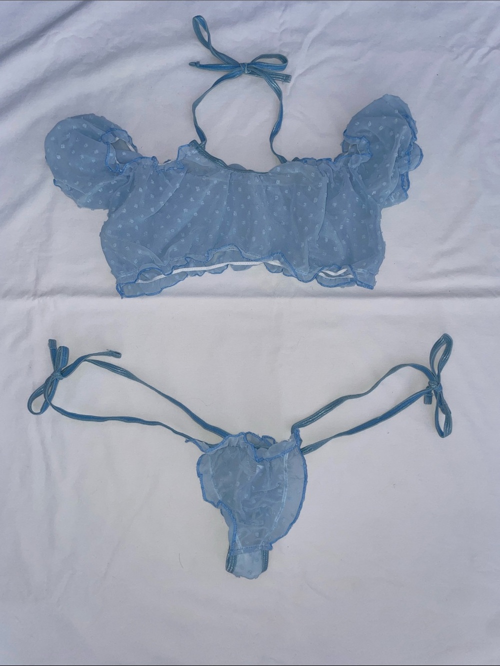SHEIN Pale Blue Sheer Ruffled Two-Piece Lingerie Set